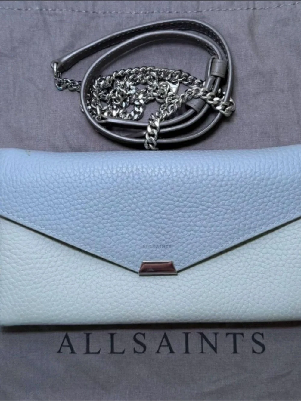 AllSaints Two-Tone Light Blue & Cream Pebbled Leather Envelope Crossbody